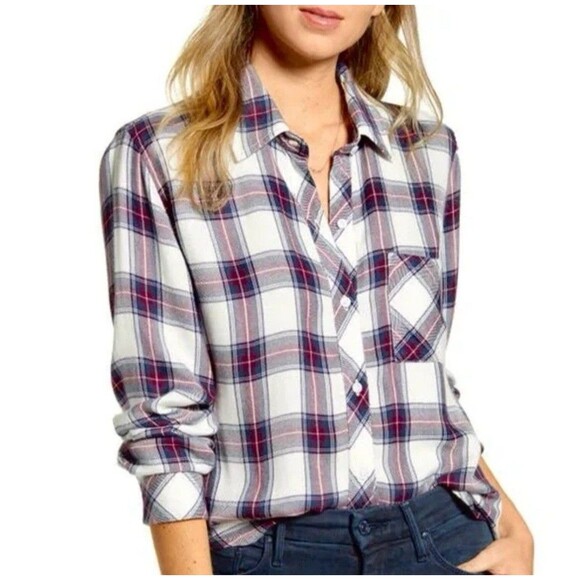 Rails Hunter Plaid Shirt White Teal Merlot Medium Button Down VGUC - Picture 1 of 11